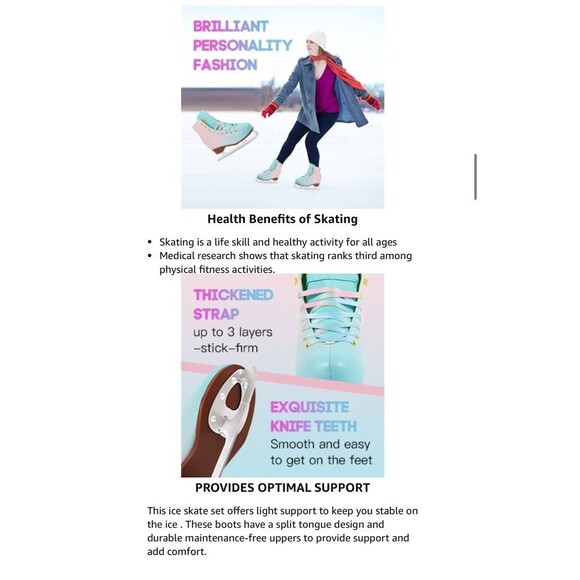 LIKU Ice skates For Girl and Women Indoor Outdoor Lace-Up Fun Figure Skate 3-4 - Picture 4 of 6